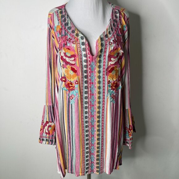 Savanna Jane Women's Multicolor Striped Embroidered Floral Bell Sleeve Tunic 1X - Picture 1 of 9